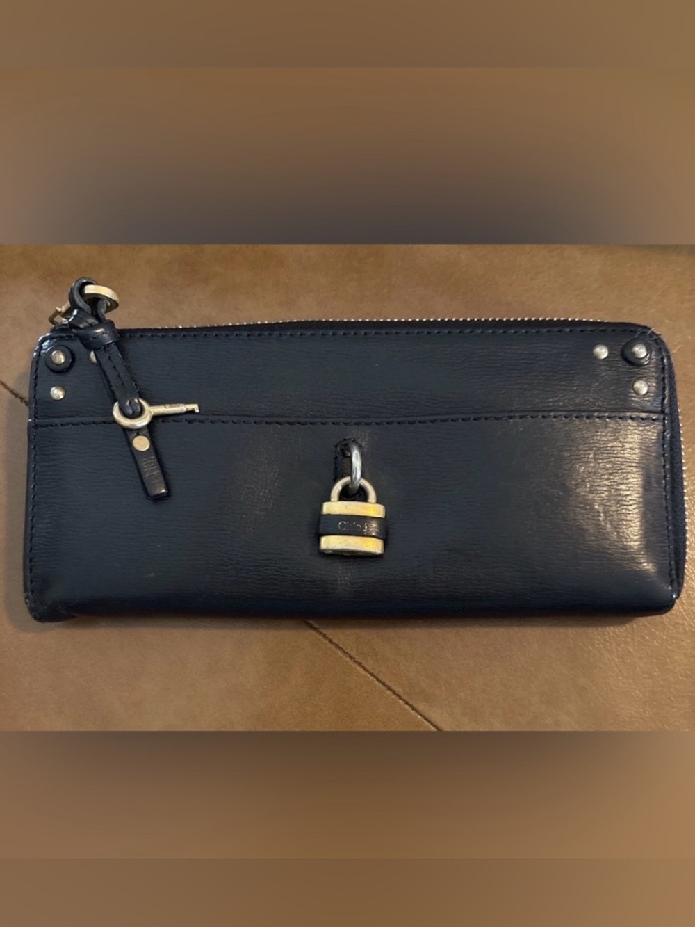 Chloe Black Leather Zip Wallet with Gold Padlock Charm